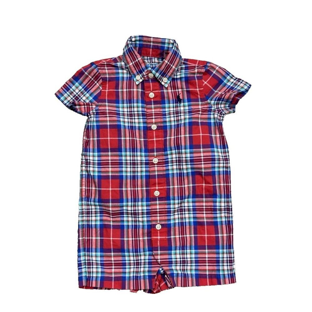 Polo Ralph Lauren Romper Baby Boys 6M Months Red Blue Plaid Collared Button Up